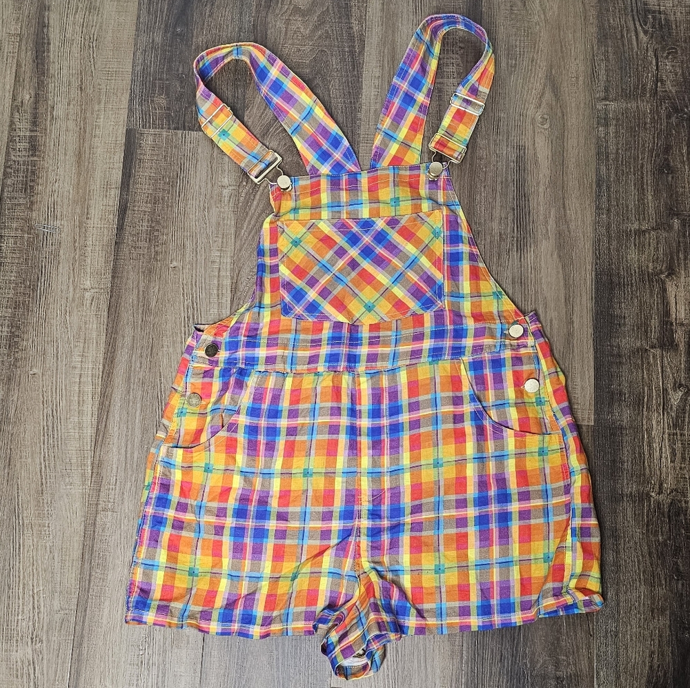 Euc We Wore What Basic Rainbow Plaid Overall Shor… - image 5